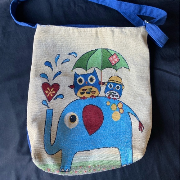 Handbags - Novelty Owl Elephant Crossbody Bag Canvas Blue Cute Animal Print Purse